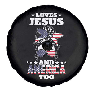 Loves Jesus and America Too Spare Tire Cover Christian Messy Bun 4th of July TS02 Print Your Wear