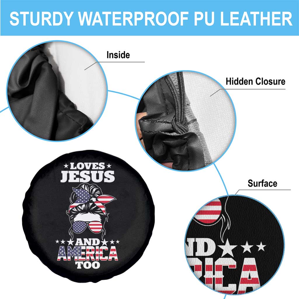 Loves Jesus and America Too Spare Tire Cover Christian Messy Bun 4th of July TS02 Print Your Wear