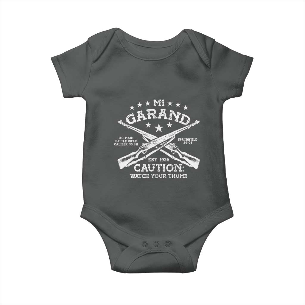 M1 Garand Rifle Gun WWII Watch Your Thumb EST 1936 Baby Onesie TS11 Dark Heather Print Your Wear