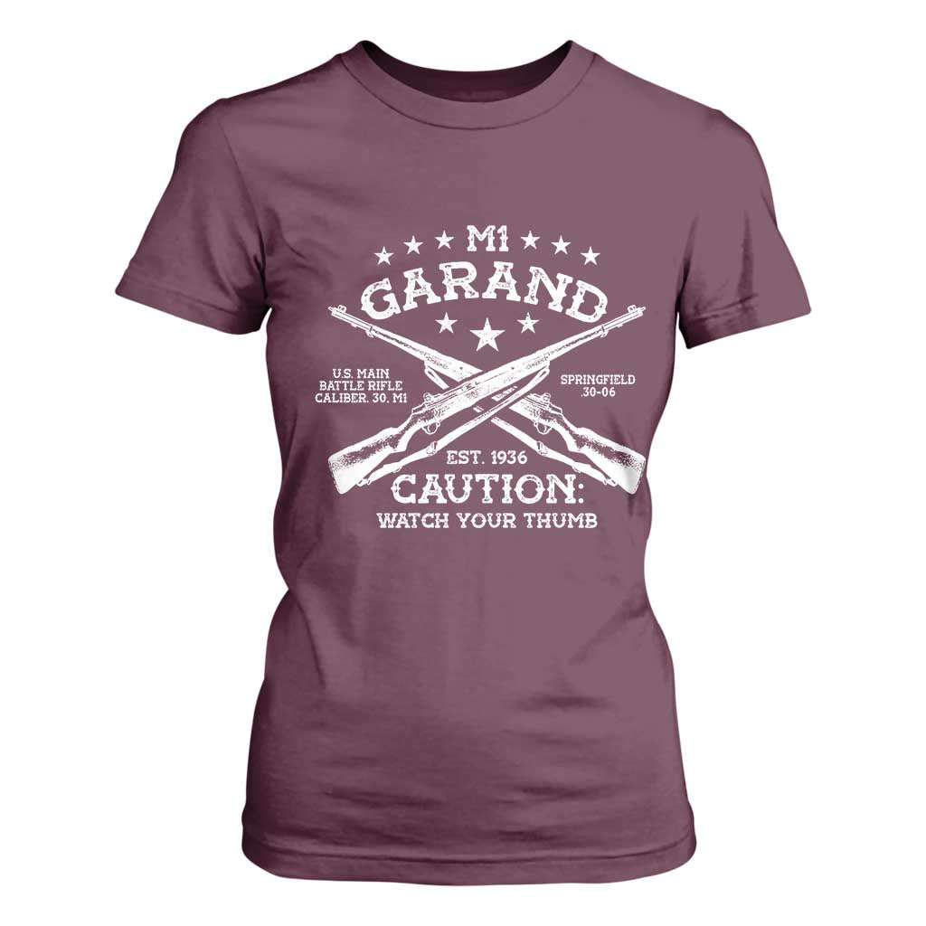 M1 Garand Rifle Gun WWII Watch Your Thumb EST 1936 T Shirt For Women TS11 Maroon Print Your Wear