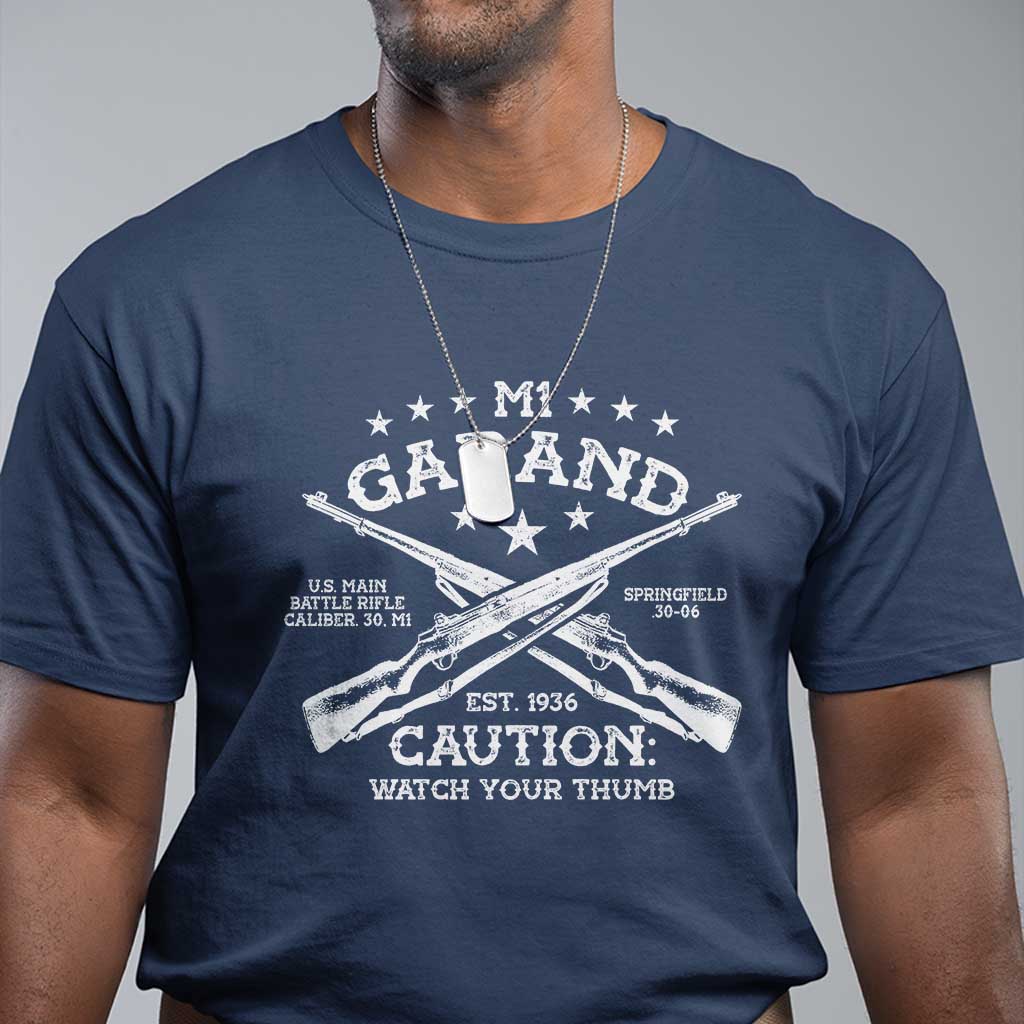 M1 Garand Rifle Gun WWII Watch Your Thumb EST 1936 T Shirt TS11 Navy Print Your Wear