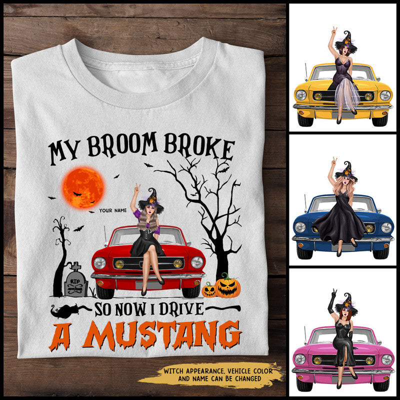 Custom JP Tee Shirts My Broom Broke So Now I Drive A Classic Mustang Halloween Vibes CTM Youth Custom - Printyourwear