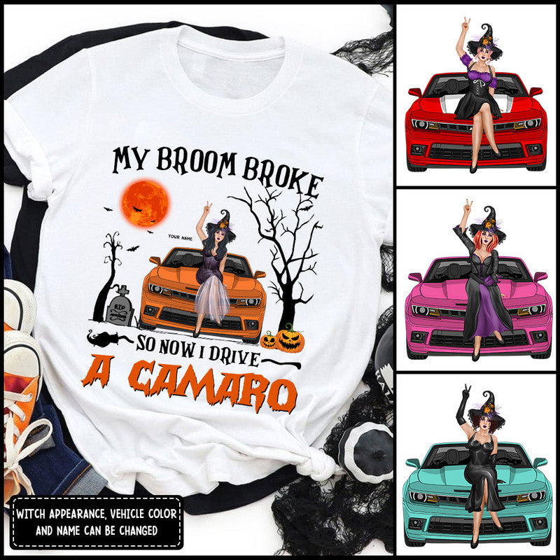 Custom JP Tee Shirts My Broom Broke So Now I Drive A Camaro Halloween Vibes CTM Youth Custom - Printyourwear