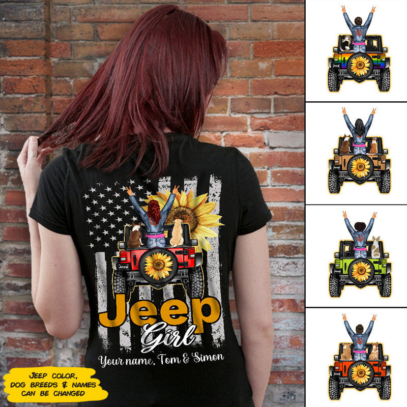 Custom Jeep Tee Shirts Shirt Back Jeep Girl American Flag Dog CTM Youth Custom - Printyourwear