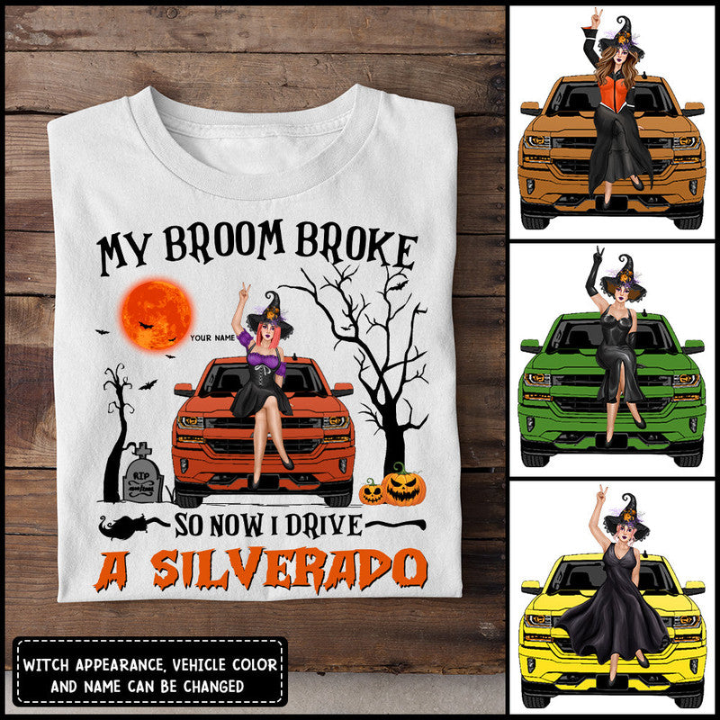 Custom JP Tee Shirts My Broom Broke So Now I Drive A Silverado Halloween Vibes CTM Youth Custom - Printyourwear