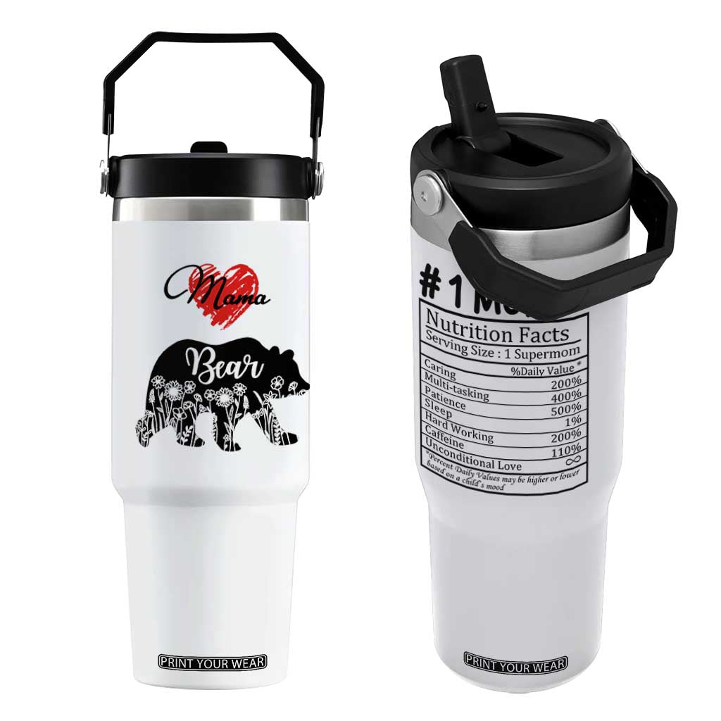 Mama Bear Flip Straw Tumbler #1 Mom Nutrition Facts Floral Bear Mother’s Day Gift - PrintYourWear Size: One Size: 30 oz Lid: Black