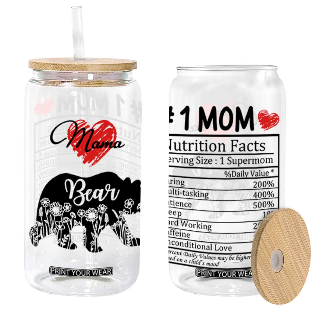 Mama Bear Glass Can #1 Mom Nutrition Facts Floral Bear Mother’s Day Gift - PrintYourWear Size: 12 oz Color: Beige
