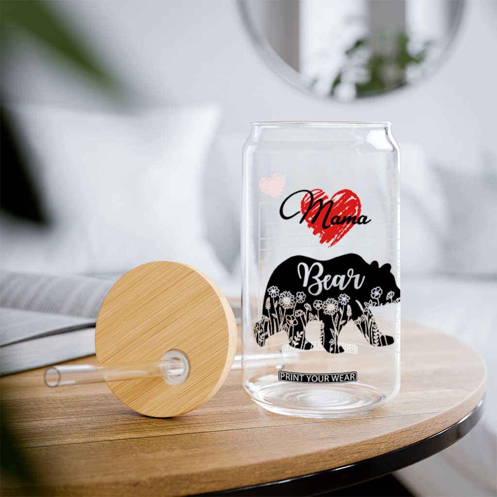 Mama Bear Glass Can #1 Mom Nutrition Facts Floral Bear Mother’s Day Gift - PrintYourWear Size: 12 oz Color: Beige