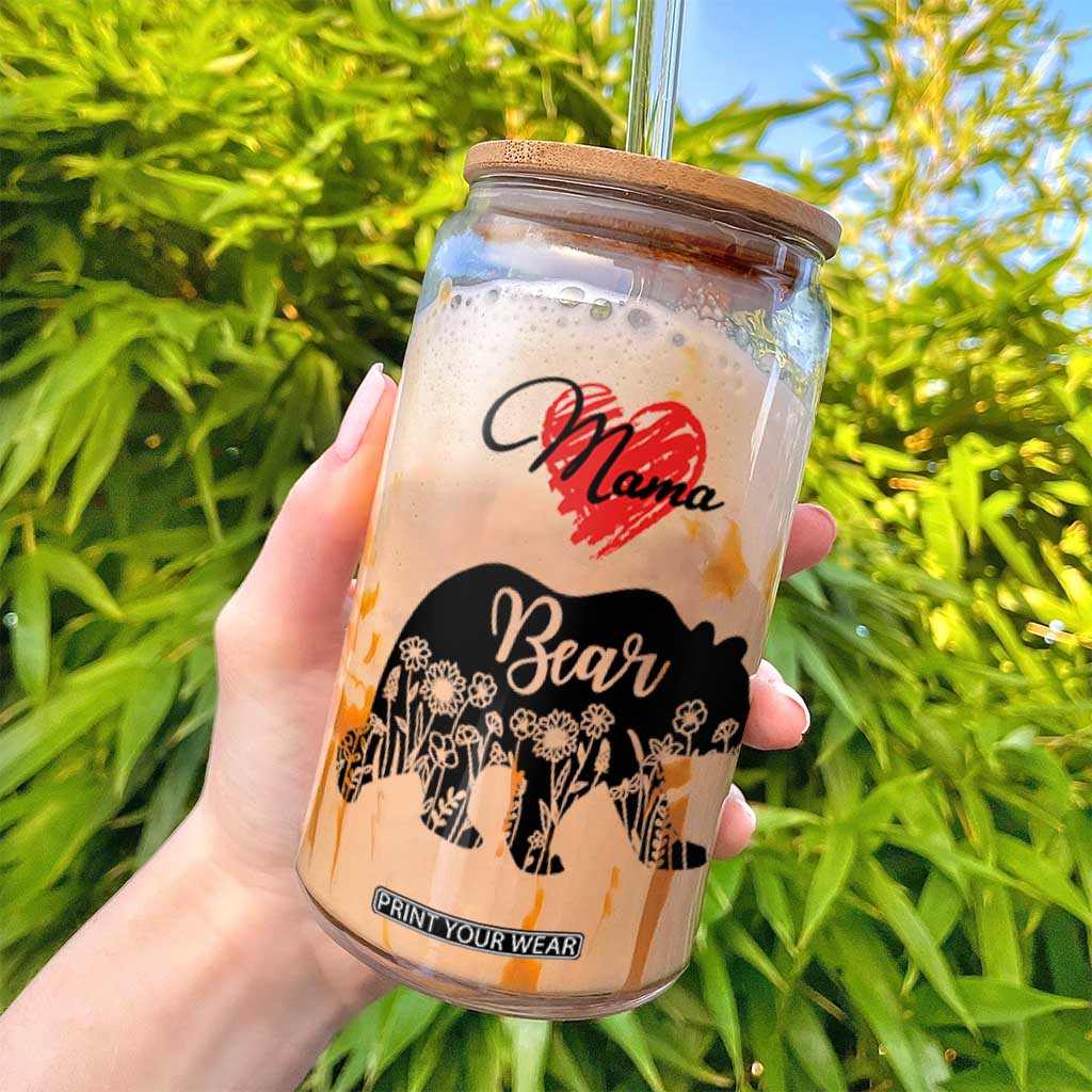 Mama Bear Glass Can #1 Mom Nutrition Facts Floral Bear Mother’s Day Gift - PrintYourWear Size: 12 oz Color: Beige