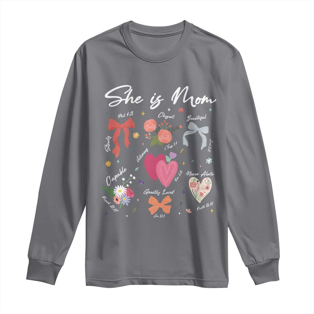 Mama Christian Religious Long Sleeve Shirt She Is Mom Mother's Day Jesus Flowers Bow TS11 Charcoal Print Your Wear
