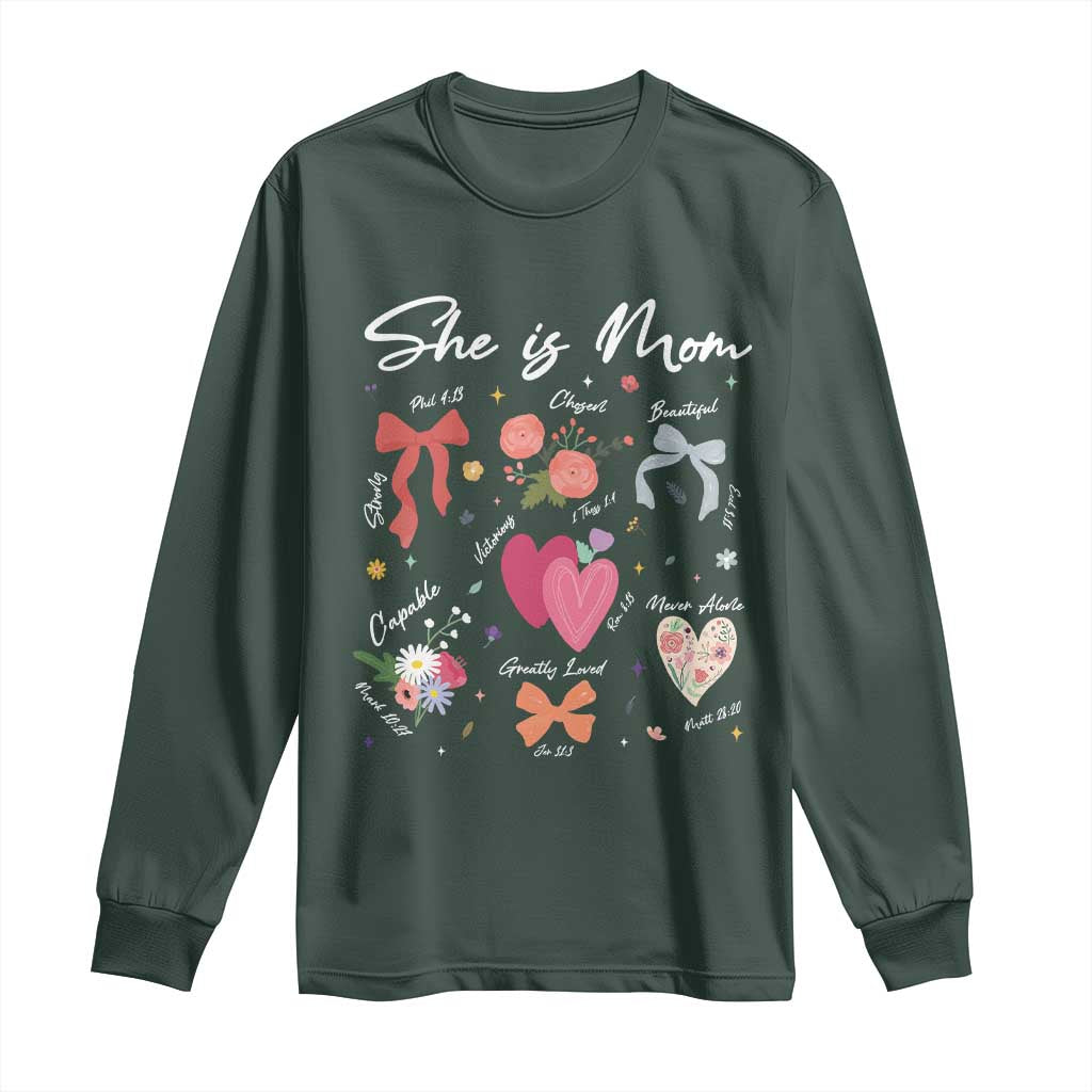 Mama Christian Religious Long Sleeve Shirt She Is Mom Mother's Day Jesus Flowers Bow TS11 Dark Forest Green Print Your Wear