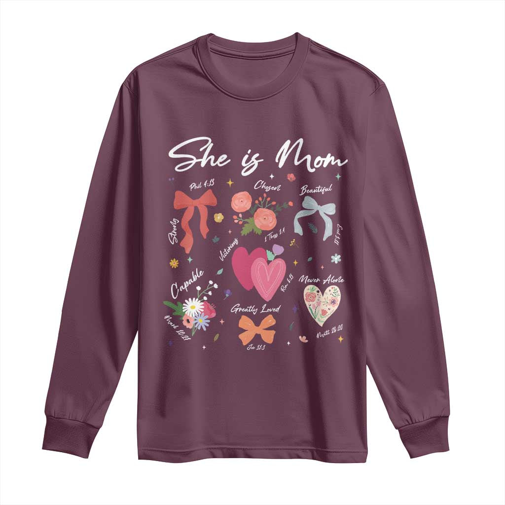 Mama Christian Religious Long Sleeve Shirt She Is Mom Mother's Day Jesus Flowers Bow TS11 Maroon Print Your Wear