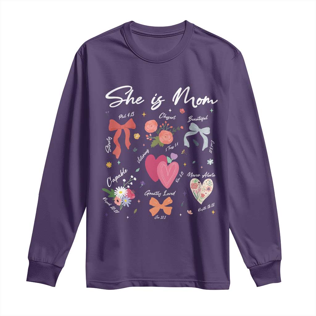Mama Christian Religious Long Sleeve Shirt She Is Mom Mother's Day Jesus Flowers Bow TS11 Purple Print Your Wear
