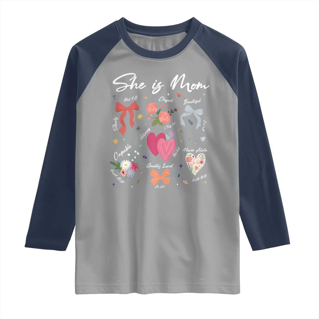 Mama Christian Religious Raglan Shirt She Is Mom Mother's Day Jesus Flowers Bow TS11 Sport Gray Navy Print Your Wear
