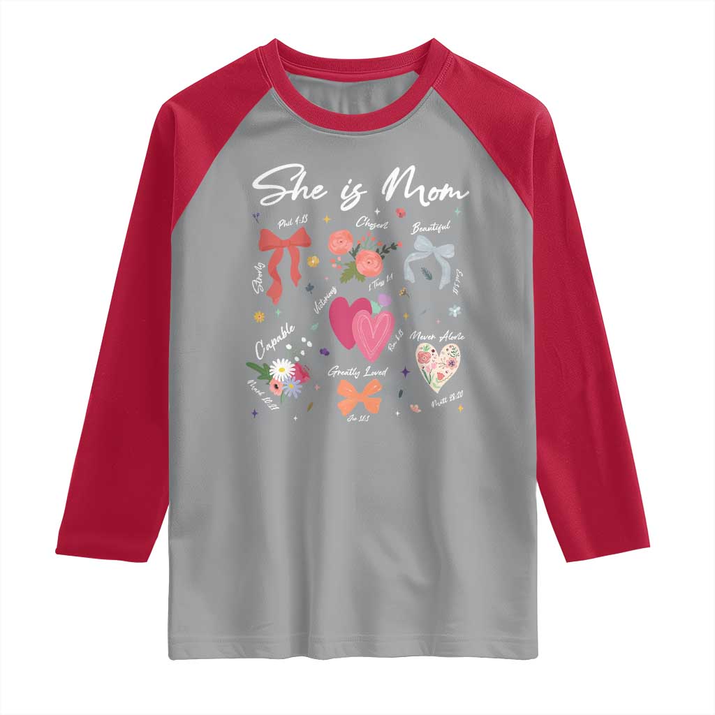 Mama Christian Religious Raglan Shirt She Is Mom Mother's Day Jesus Flowers Bow TS11 Sport Gray Red Print Your Wear