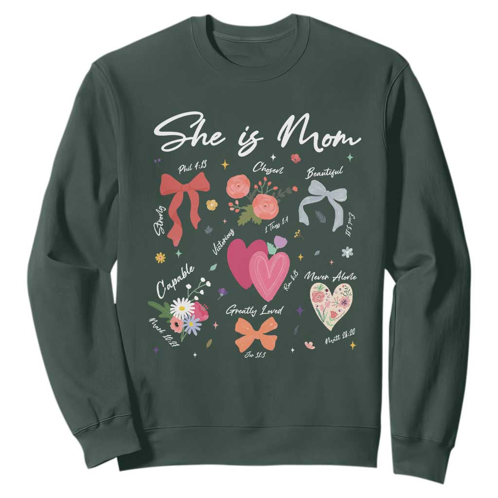 Mama Christian Religious Sweatshirt She Is Mom Mother's Day Jesus Flowers Bow TS11 Dark Forest Green Print Your Wear