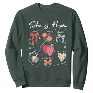 Mama Christian Religious Sweatshirt She Is Mom Mother's Day Jesus Flowers Bow TS11 Dark Forest Green Print Your Wear