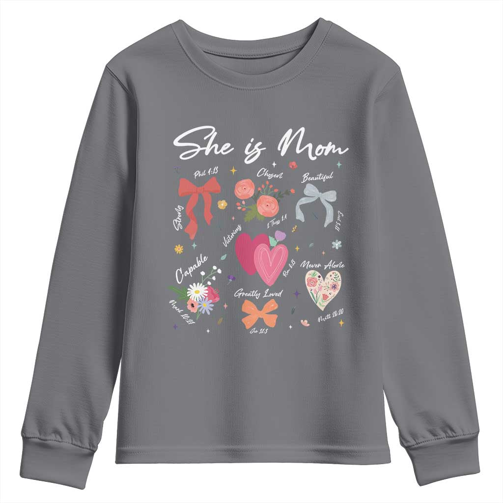 Mama Christian Religious Youth Sweatshirt She Is Mom Mother's Day Jesus Flowers Bow TS11 Charcoal Print Your Wear