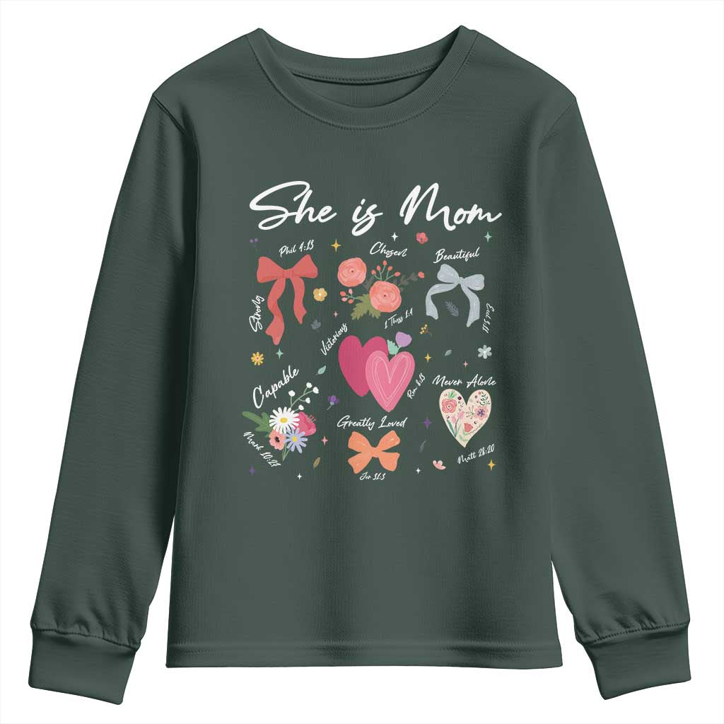 Mama Christian Religious Youth Sweatshirt She Is Mom Mother's Day Jesus Flowers Bow TS11 Dark Forest Green Print Your Wear