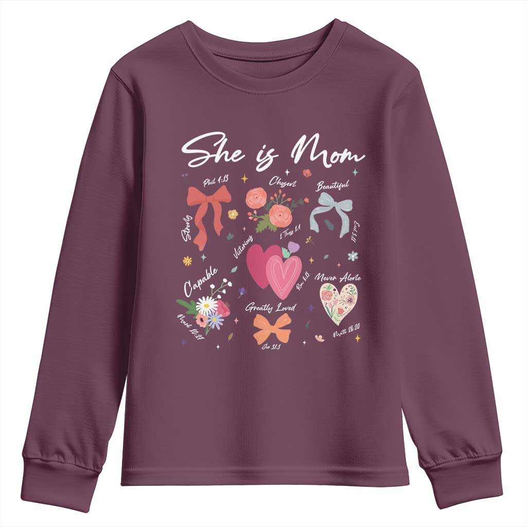 Mama Christian Religious Youth Sweatshirt She Is Mom Mother's Day Jesus Flowers Bow TS11 Maroon Print Your Wear