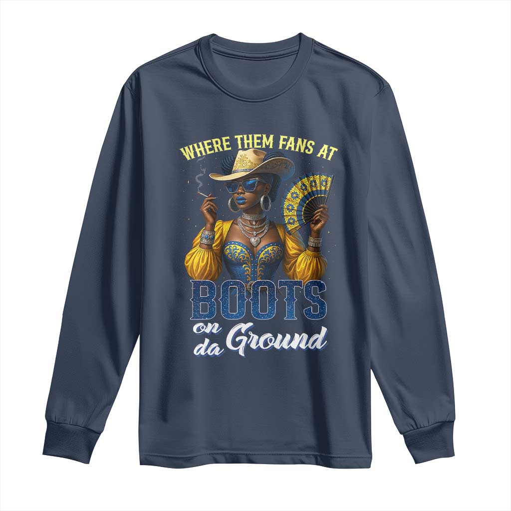 Melanin Cowgirls Linedance Long Sleeve Shirt Where Them Fans At Boots On Da Ground TS02 Navy Print Your Wear