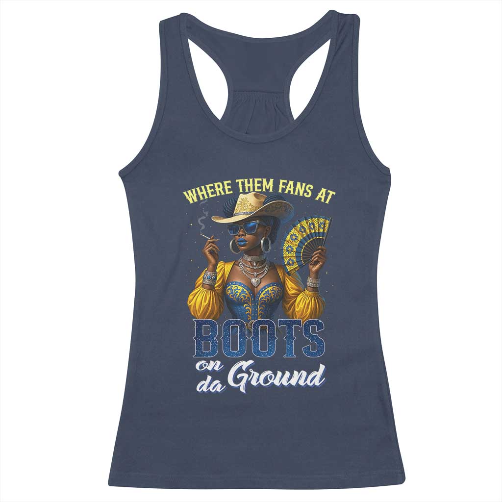 Melanin Cowgirls Linedance Racerback Tank Top Where Them Fans At Boots On Da Ground TS02 Navy Print Your Wear