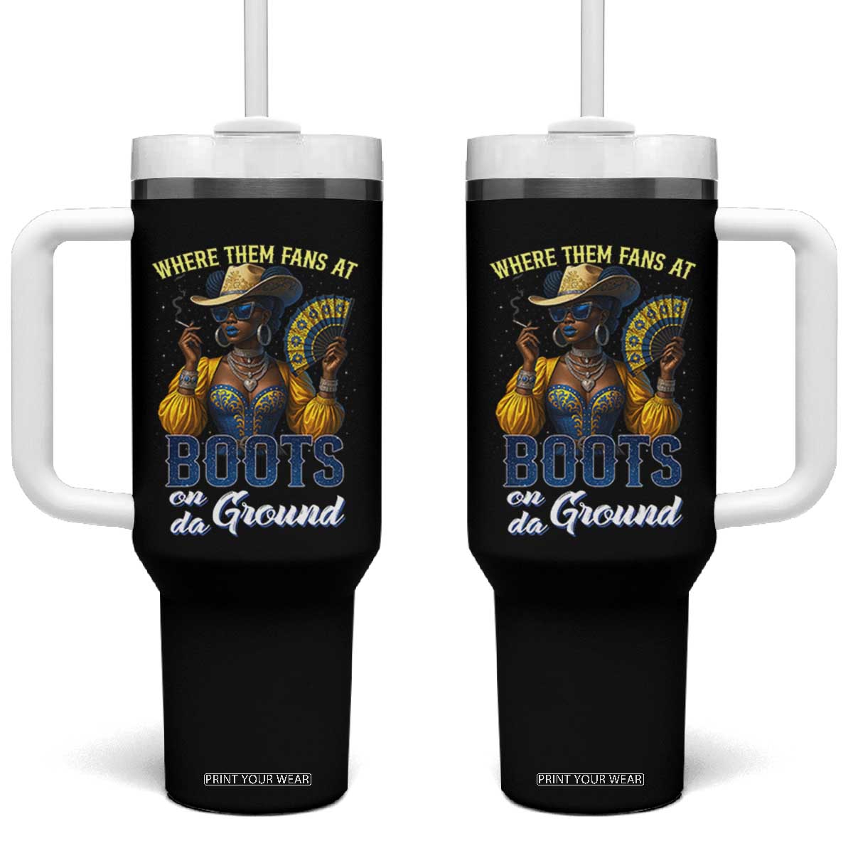 Melanin Cowgirls Linedance Tumbler With Handle Where Them Fans At Boots On Da Ground TS02 One Size: 40 oz Black Print Your Wear