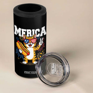 Merica Cat 4 in 1 Can Cooler Tumbler Funny 4th of July Hot Dog and Fireworks Patriotic USA Flag TS02 Print Your Wear