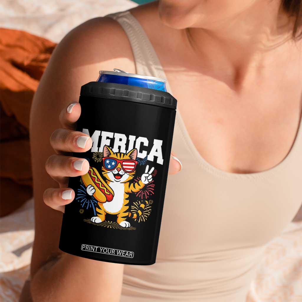 Merica Cat 4 in 1 Can Cooler Tumbler Funny 4th of July Hot Dog and Fireworks Patriotic USA Flag TS02 Print Your Wear