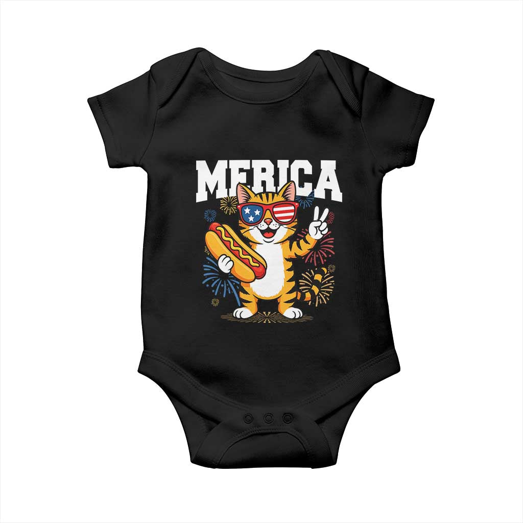Merica Cat Baby Onesie Funny 4th of July Hot Dog and Fireworks Patriotic USA Flag TS02 Black Print Your Wear
