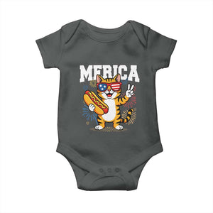 Merica Cat Baby Onesie Funny 4th of July Hot Dog and Fireworks Patriotic USA Flag TS02 Dark Heather Print Your Wear