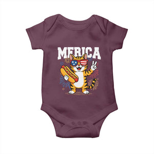 Merica Cat Baby Onesie Funny 4th of July Hot Dog and Fireworks Patriotic USA Flag TS02 Maroon Print Your Wear