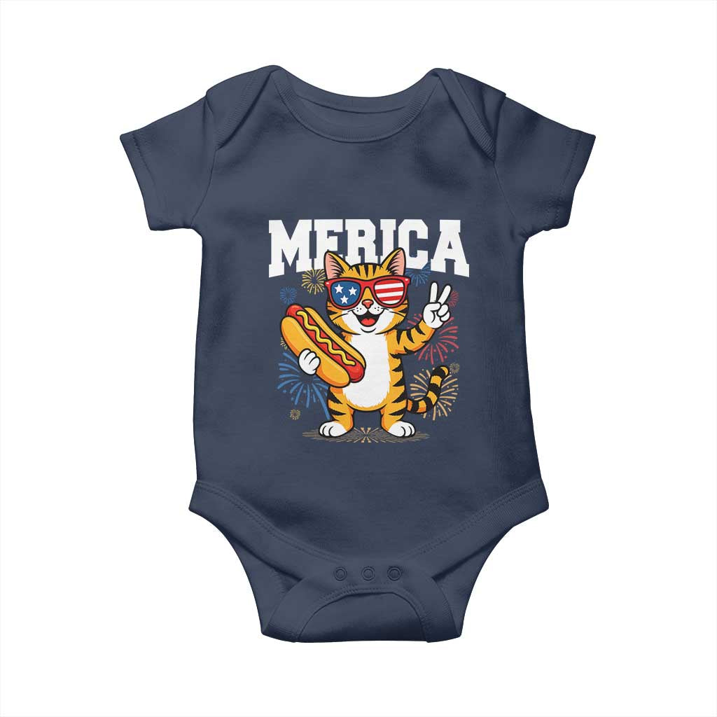 Merica Cat Baby Onesie Funny 4th of July Hot Dog and Fireworks Patriotic USA Flag TS02 Navy Print Your Wear