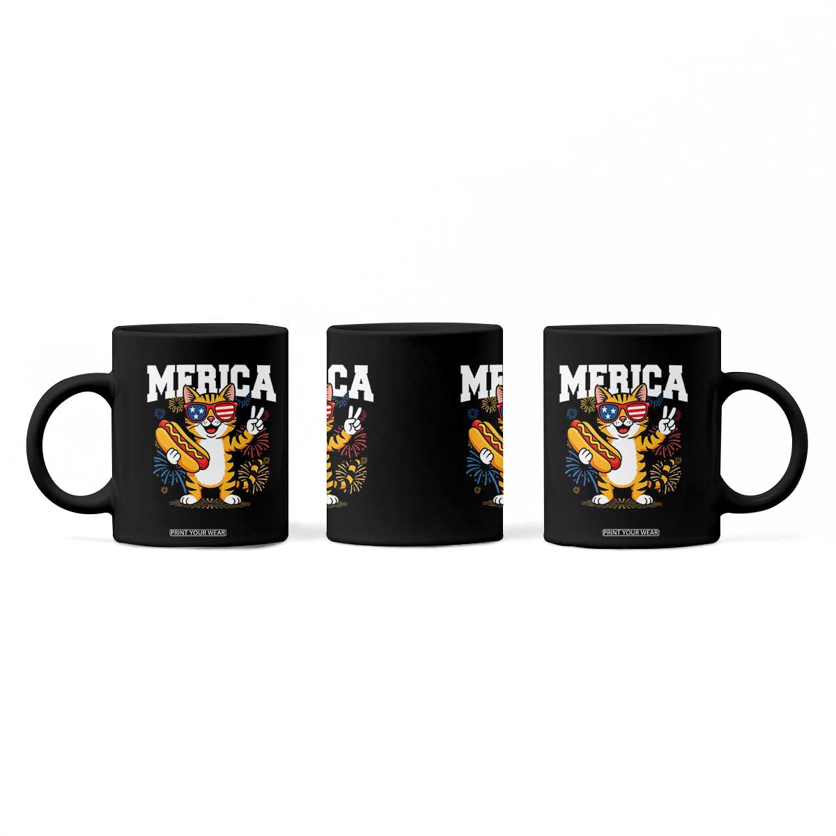 Merica Cat Coffee Mug Funny 4th of July Hot Dog and Fireworks Patriotic USA Flag TS02 Print Your Wear