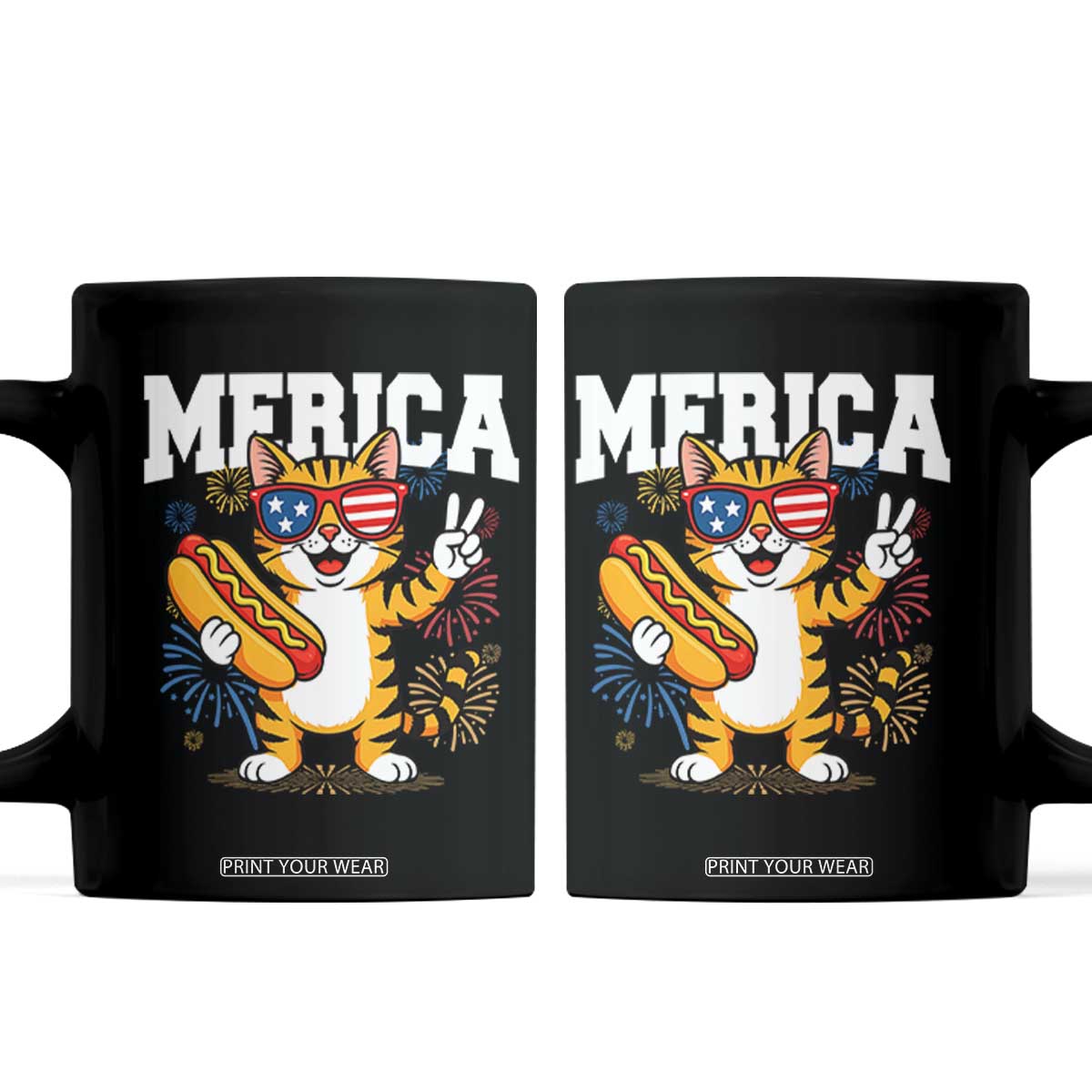 Merica Cat Coffee Mug Funny 4th of July Hot Dog and Fireworks Patriotic USA Flag TS02 Black Print Your Wear