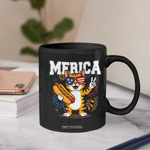Merica Cat Coffee Mug Funny 4th of July Hot Dog and Fireworks Patriotic USA Flag TS02 Print Your Wear