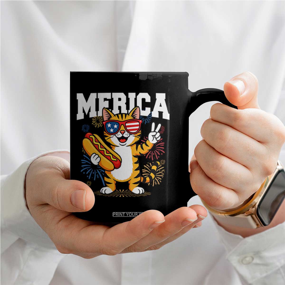 Merica Cat Coffee Mug Funny 4th of July Hot Dog and Fireworks Patriotic USA Flag TS02 Print Your Wear