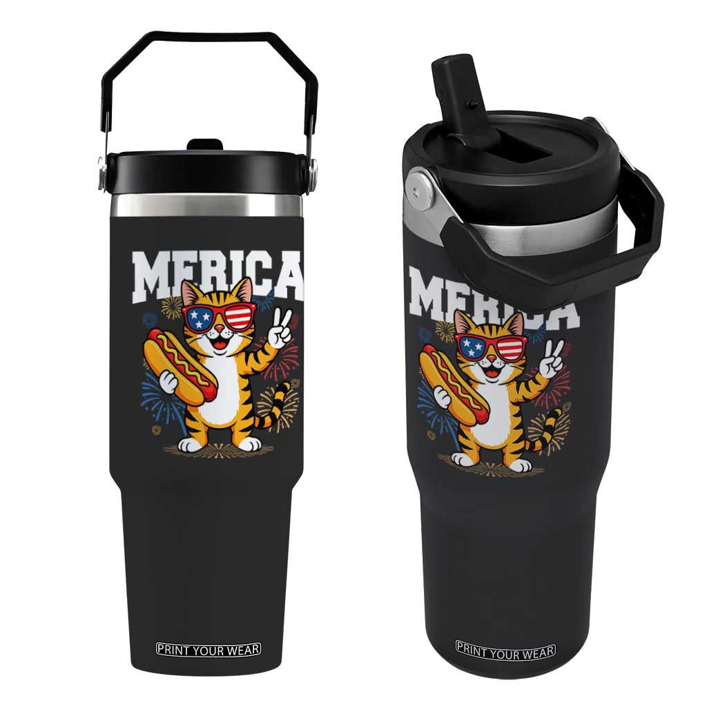 Merica Cat Flip Straw Tumbler Funny 4th of July Hot Dog and Fireworks Patriotic USA Flag TS02 One Size: 30 oz Black Print Your Wear