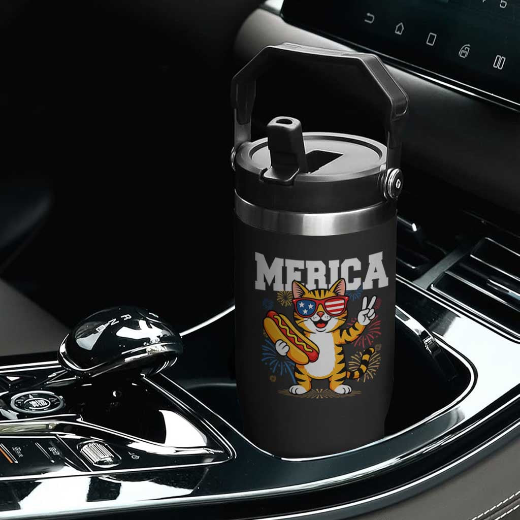 Merica Cat Flip Straw Tumbler Funny 4th of July Hot Dog and Fireworks Patriotic USA Flag TS02 Print Your Wear