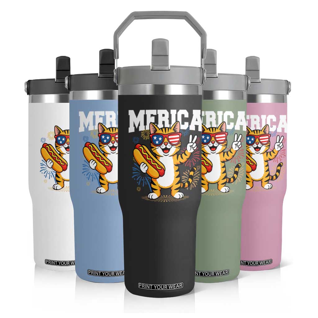 Merica Cat Flip Straw Tumbler Funny 4th of July Hot Dog and Fireworks Patriotic USA Flag TS02 Print Your Wear