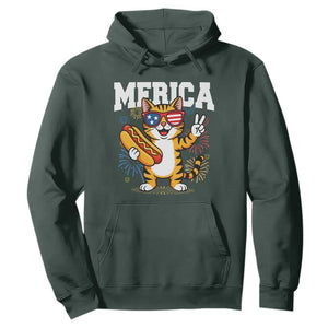 Merica Cat Hoodie Funny 4th of July Hot Dog and Fireworks Patriotic USA Flag TS02 Dark Forest Green Print Your Wear