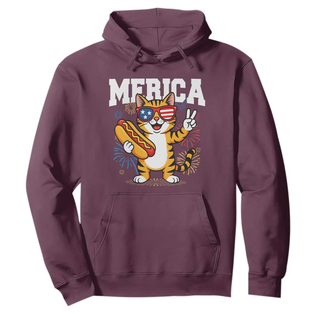 Merica Cat Hoodie Funny 4th of July Hot Dog and Fireworks Patriotic USA Flag TS02 Maroon Print Your Wear