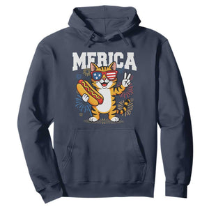 Merica Cat Hoodie Funny 4th of July Hot Dog and Fireworks Patriotic USA Flag TS02 Navy Print Your Wear