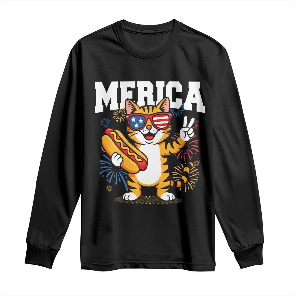 Merica Cat Long Sleeve Shirt Funny 4th of July Hot Dog and Fireworks Patriotic USA Flag TS02 Black Print Your Wear