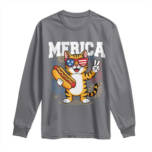Merica Cat Long Sleeve Shirt Funny 4th of July Hot Dog and Fireworks Patriotic USA Flag TS02 Charcoal Print Your Wear