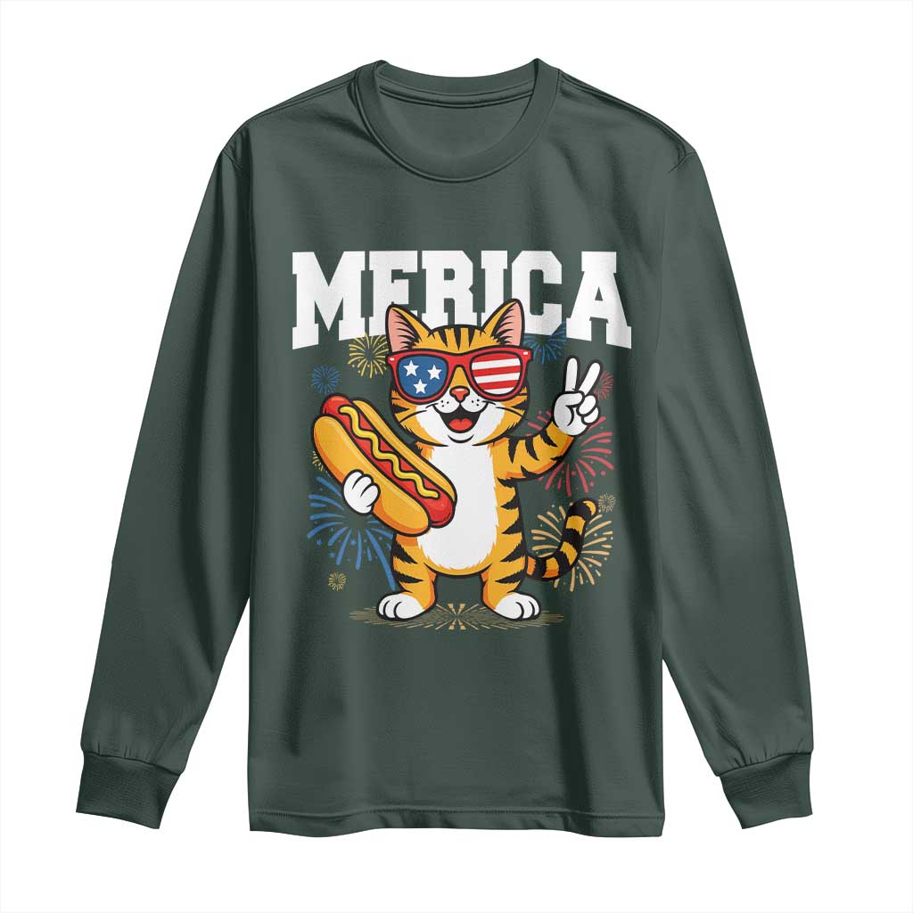 Merica Cat Long Sleeve Shirt Funny 4th of July Hot Dog and Fireworks Patriotic USA Flag TS02 Dark Forest Green Print Your Wear