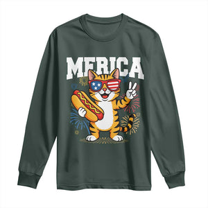 Merica Cat Long Sleeve Shirt Funny 4th of July Hot Dog and Fireworks Patriotic USA Flag TS02 Dark Forest Green Print Your Wear