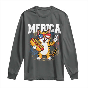 Merica Cat Long Sleeve Shirt Funny 4th of July Hot Dog and Fireworks Patriotic USA Flag TS02 Dark Heather Print Your Wear