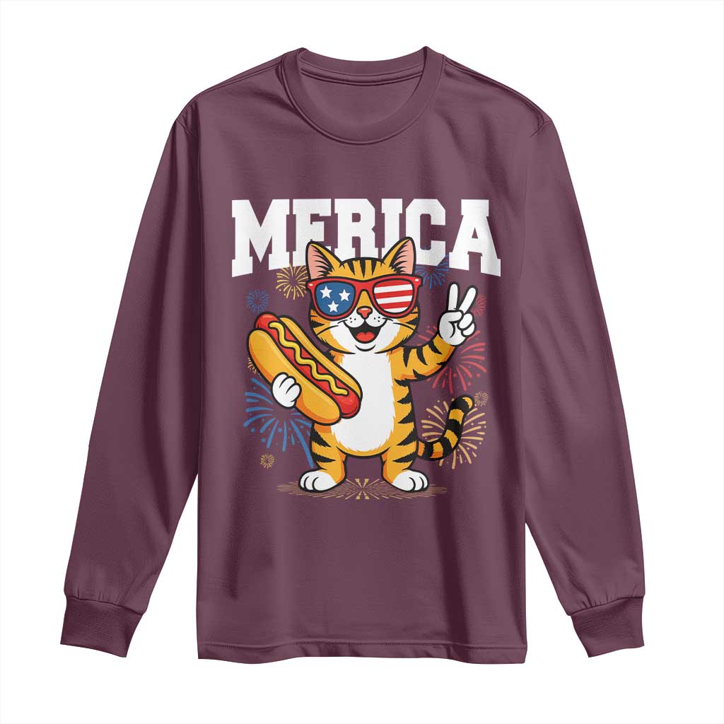 Merica Cat Long Sleeve Shirt Funny 4th of July Hot Dog and Fireworks Patriotic USA Flag TS02 Maroon Print Your Wear