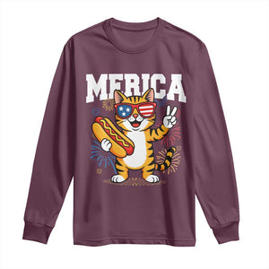 Merica Cat Long Sleeve Shirt Funny 4th of July Hot Dog and Fireworks Patriotic USA Flag TS02 Maroon Print Your Wear